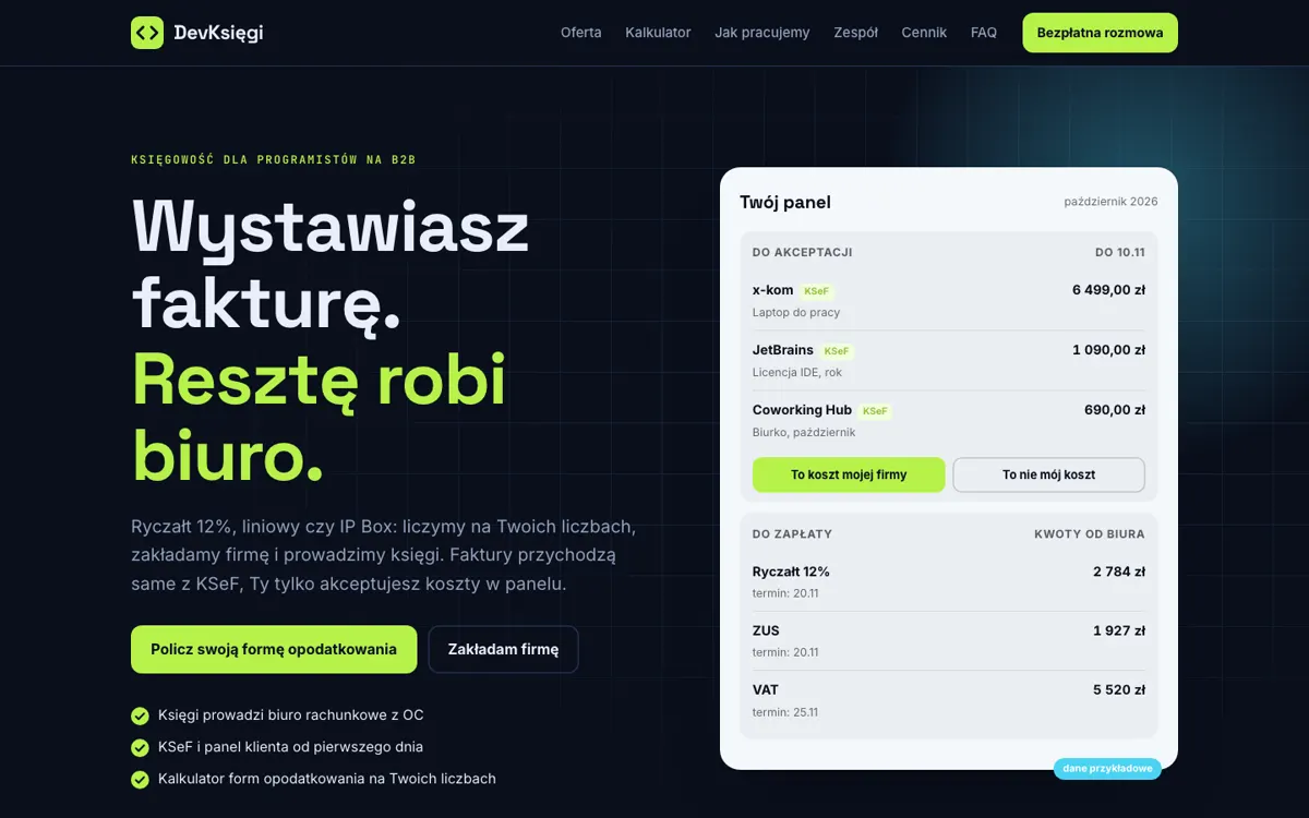 Strona DevKsięgi, pierwszy ekran